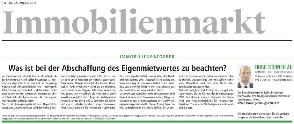 Was ist bei der Abschaffung des Eigenmietwertes zu beachten? - Hugo Steiner
